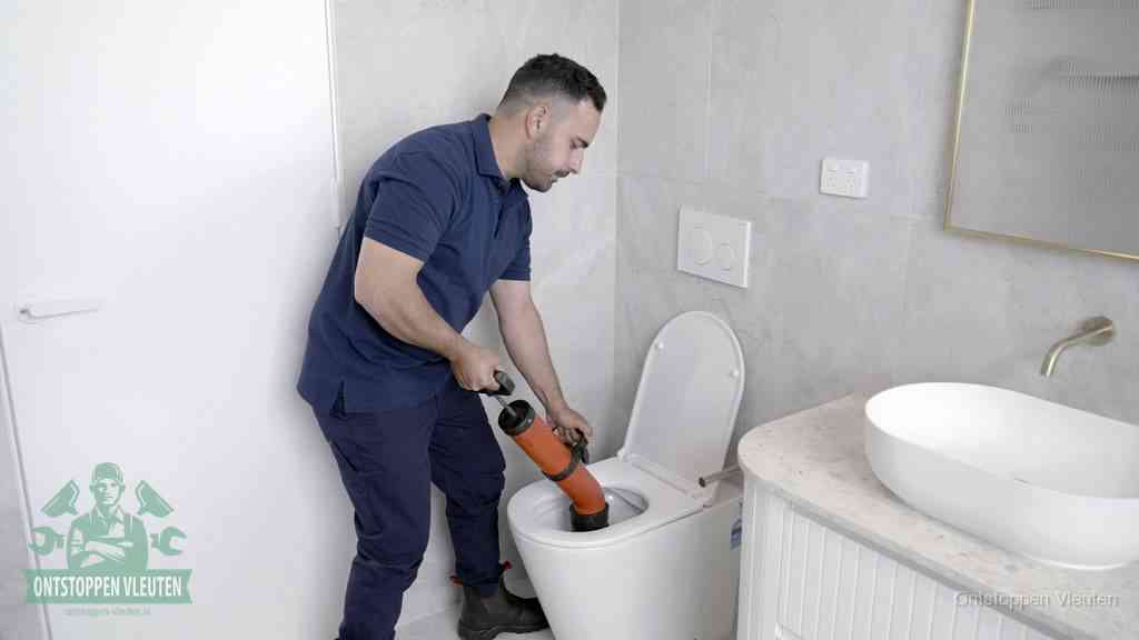 Een monteur gebruikt een handmatige perspomp (toiletontstopper) op een wandcloset tijdens het professioneel wc ontstoppen in Vleuten