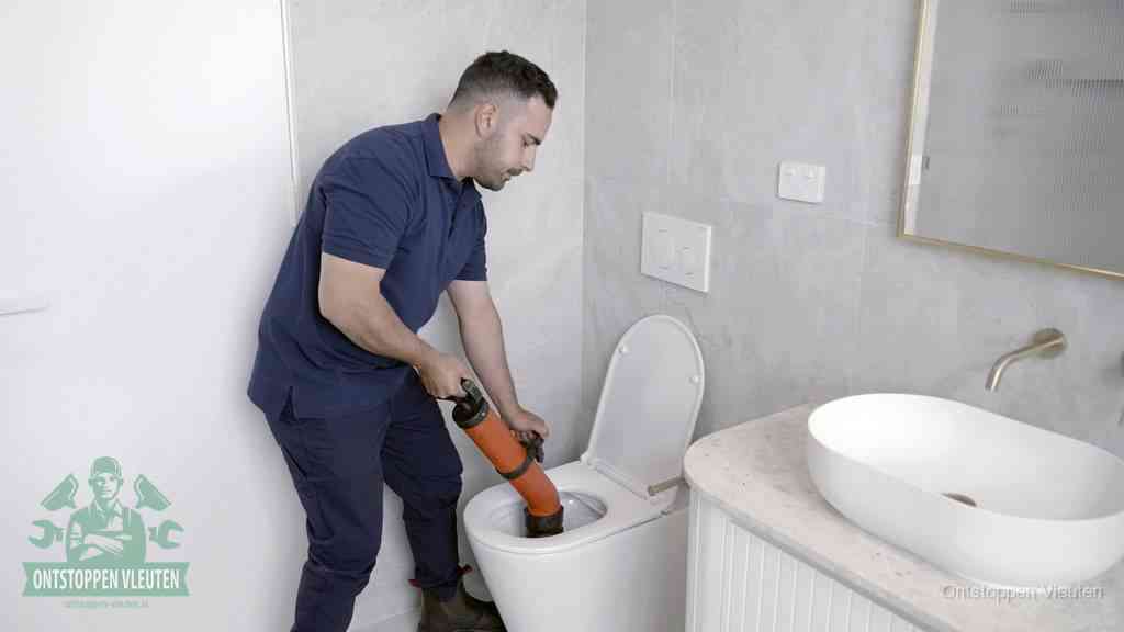 Een man gebruikt een handmatige luchtdruk-ontstopper in een modern betegeld toilet om zelf de wc te ontstoppen in Vleuten